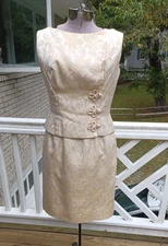 Vtg 60s Asian Inspired Dress Small Ivory and Gold Brocade Metallic Faux Suit