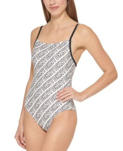 DKNY WHITE/BLACK Logo-Print One-Piece Swimsuit, US Small - 第 2/4 張圖片