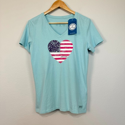 Life Is Good Crusher Women's American Flag Heart T Shirt Top Short Sleeve Blue M