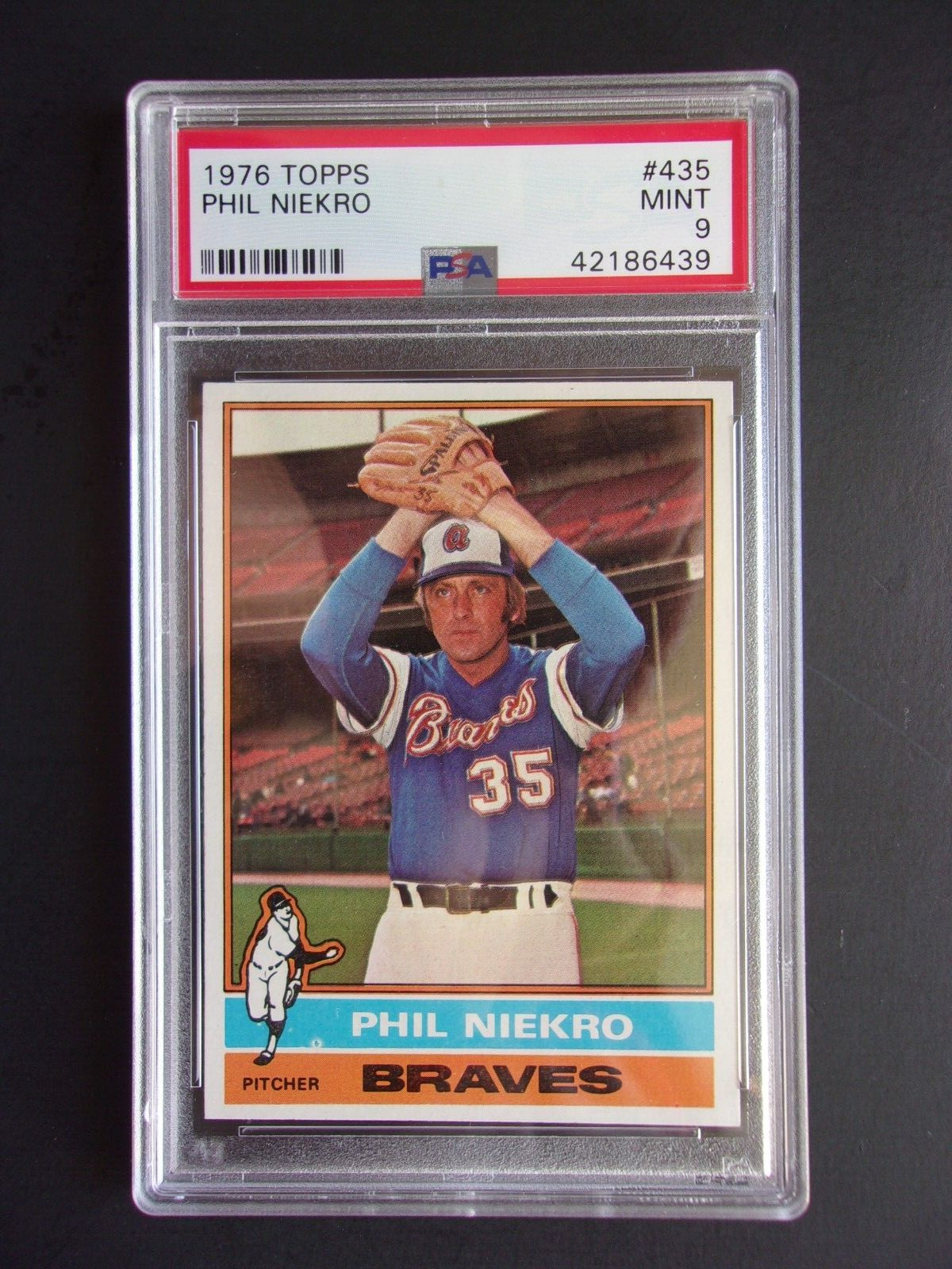 1976 Topps Baseball, Phil Niekro, Atlanta Braves, Card# 435, PSA-9