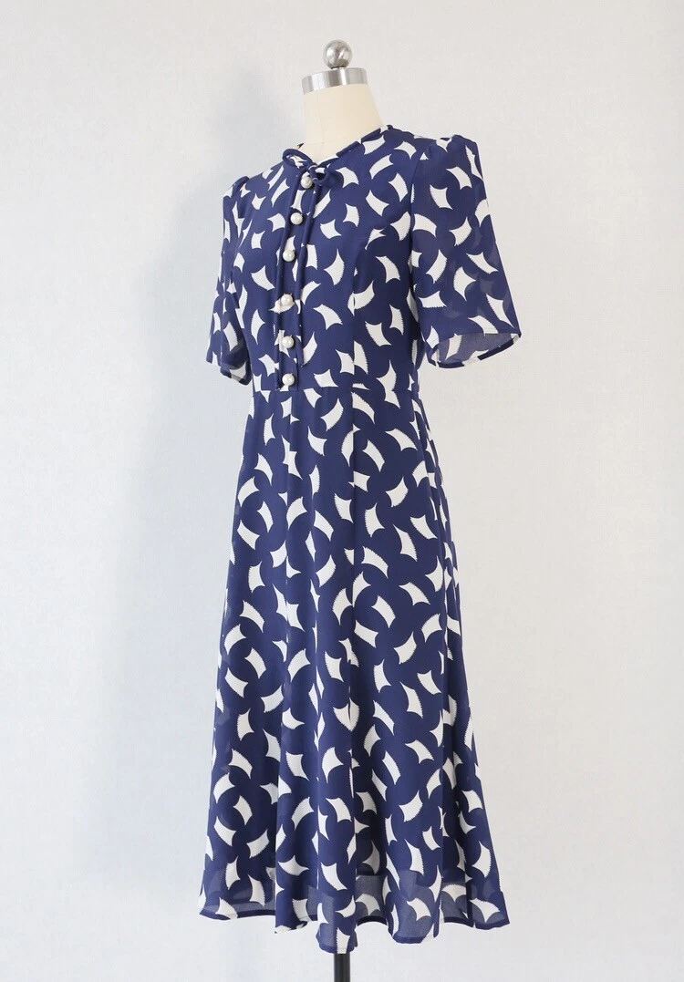 New LK Bennett Montana Blue Sai Printed Silk Dress Size UK 8