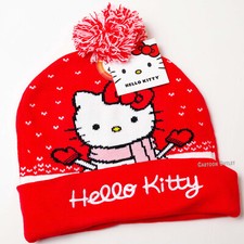 Hello Kitty Beanie Hat Cap Christmas Red Pom Cuffed New Sanrio Toboggan Original