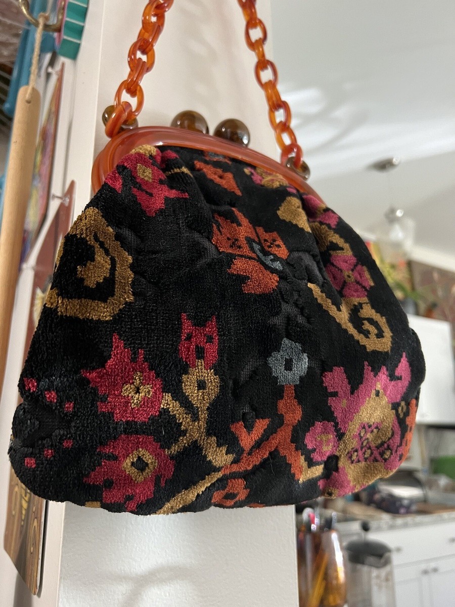 RARE VTG 60's CARPET BAG CUT VELVET PURSE w/ BAKELITE CHAIN RARE VTG 60's CARPET BAG CUT VELVET PURSE w/ BAKELITE CHAIN