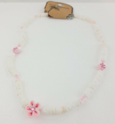 NWT Earth Elements Islander Necklace Puka Shell Rings Pink Beads Plumeria Flower