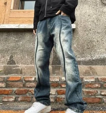 Men's Retro Blue Denim Jeans Straight Leg Casual Pants Punk Hip Hop Trousers
