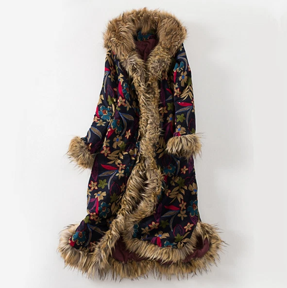 Parka de piel sintética bohemia floral para mujer Abrigo grueso con capucha Chaqueta acolchada de algodón Foto 3 de 4