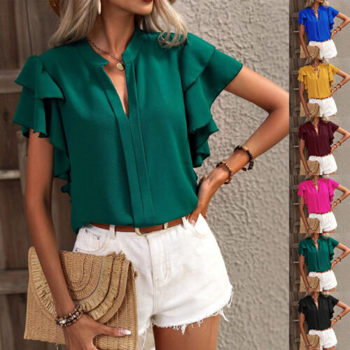 Womens Ruffle V Neck Casual Tops Ladies Frill Short Sleeve Work Tee Shirt Blouse - Picture 1 of 30