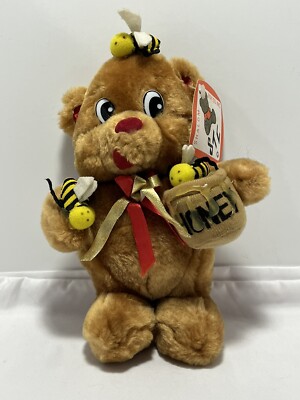 Vintage Shalom Toy Co Teddy Bear Plush Stuffed Animal Honey Pot Bees Tan Red Bow