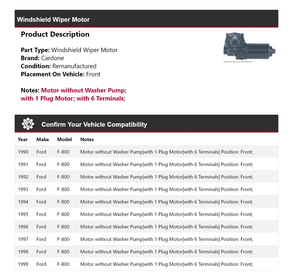 Двигатель стеклоочистителя переднего стекла для Ford F-800 1990-1999 годов выпуска 1991 1992 1993 годов выпуска - Изображение 2 из 4