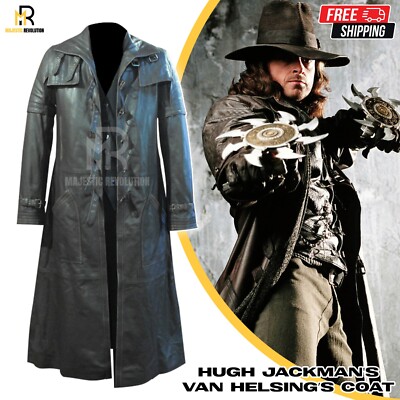 VAN HELSING Men's Black Lambskin Long Trench Leather Full-Length Duster Coat