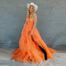 Orange A-line Women Maxi Dresses Corset Mesh Prom Gowns Tulle Robe Photography