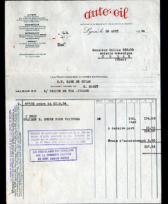 LYON (69) ÖLE & FETTE ''Ste AUTO-OIL / ehemals A. LA SELVE & Cie'' 1934
