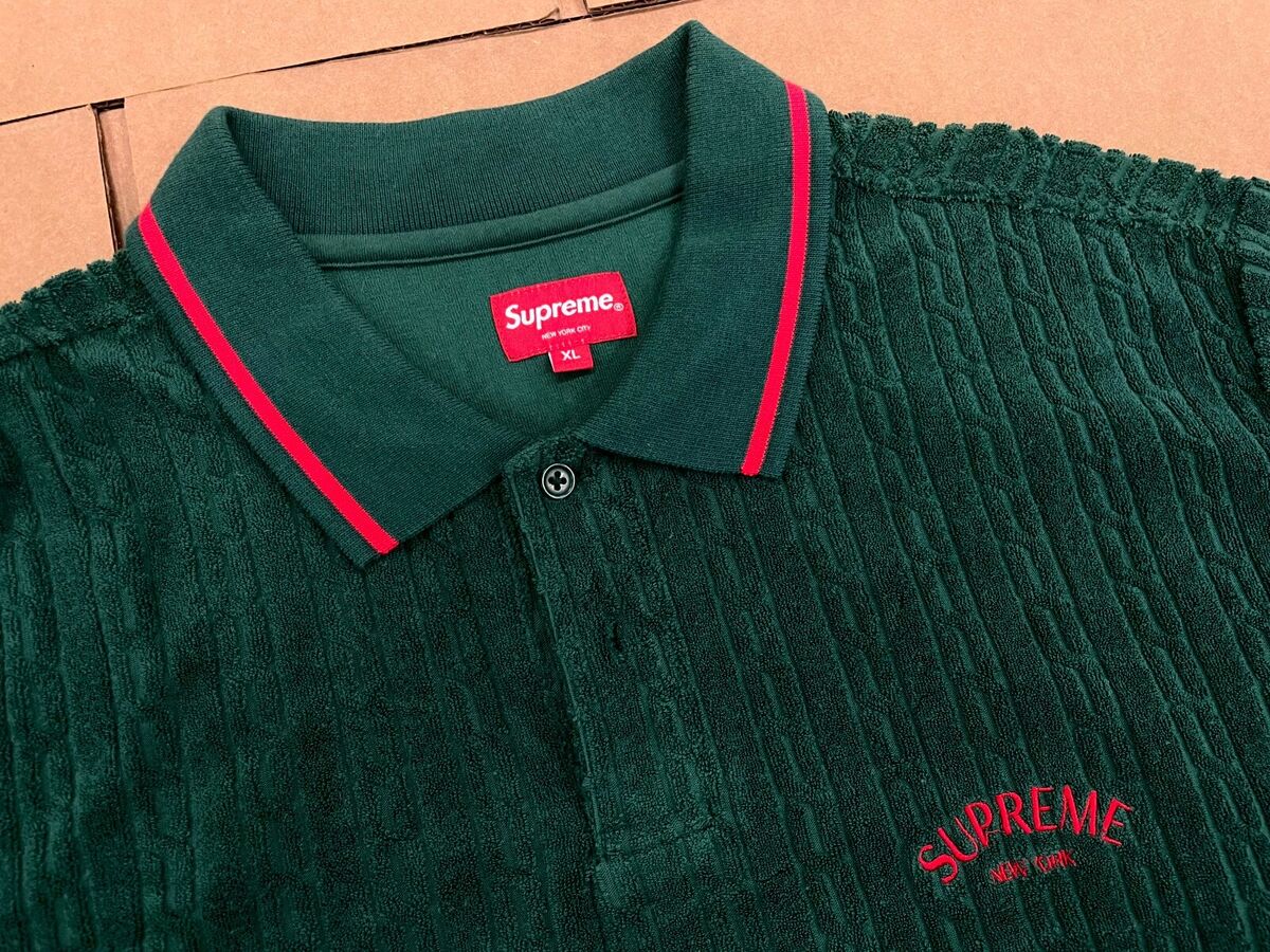 SS18 SUPREME CABLE KNIT TERRY POLO DARK GREEN RED SZ XL (#53 SS18 SUPREME CABLE KNIT TERRY POLO DARK GREEN RED SZ XL (#53