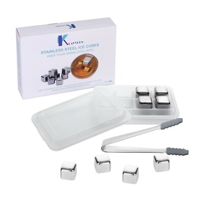 Whiskey Ice Cubes Stones Reusable Stainless Steel with Tip Tongs and Tray (8Pcs)