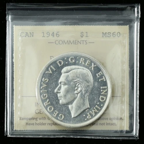 1946 $1 ICCS MS60 *Rear SWL* Canada Silver Dollar Frosty Lustrous Scarce Variety