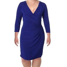Lauren Ralph Lauren Royal Blue Ruched Faux Wrap Sheath Dress 6 3/4 Sleeve V-Neck