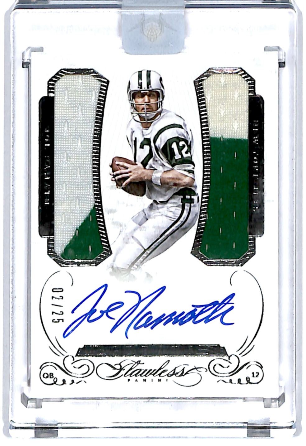 2015 Panini Flawless Greats Patches Dual GAME WORN 2/25 Joe Namath Auto R6220J