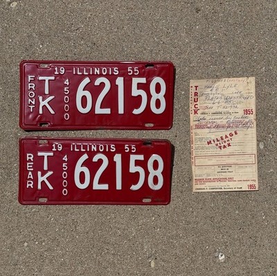 1955 Illinois Truck Mileage Tax License Plate Pair Tag w Registration TK 62158