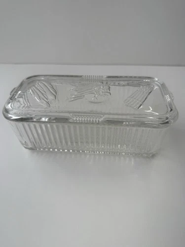 Vintage Federal Glass Clear Ribbed Rectangular Refrigerator Dish With Lid