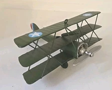 Green Sopwith 6" WWI Metal Tri-Plane Aircraft Home Child Decor Toy Vintage