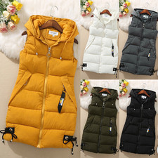 LADIES WOMENS HOODED LONG LINE PUFFER GILET JACKET PADDED TOP BODY WARMER JACKET