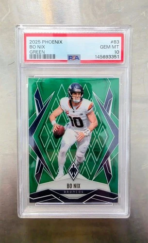 2025 Panini Phoenix Football Bo Nix /25 Green Seismic Broncos #83 PSA 10