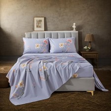 Full Sheet Set 4 Pieces Cotton Floral Pattern Vintage Purple Garden Style Bed...