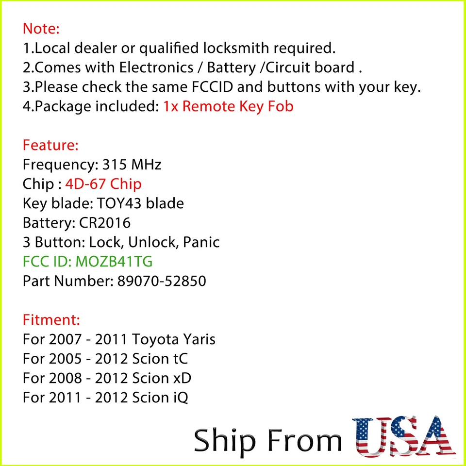 Para 2006 2007 2008 2009 2010 2011 2012 Scion TC 4D67 Chip 315 MHz Foto 2 de 4