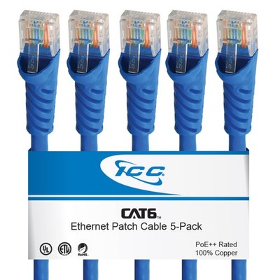 ICC CAT6 Ethernet Patch Cord 10 FT 5-Pack, UTP 24 AWG UL Listed, 10 FT, Blue 