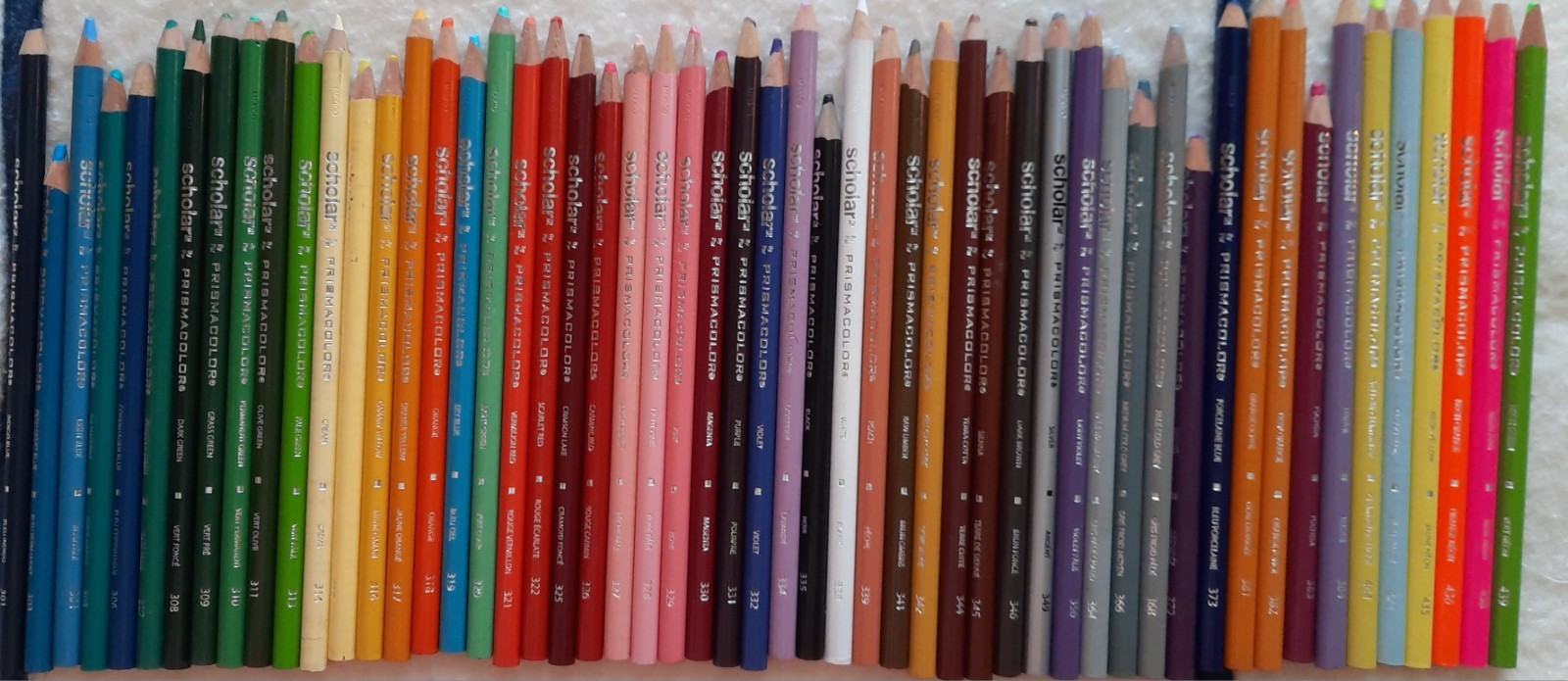 54 Prismacolor scholar colored pencils, no duplicates, Neons included