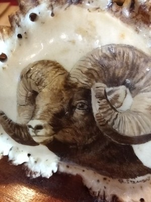 Hand-Painted Ram Antler Carving Sculpture Signed Q. Stewart on Wood Base