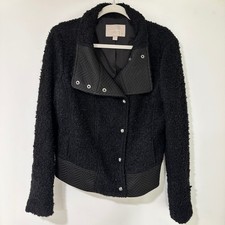 Banana Republic Wool Blend Boucle Moto Jacket Black Chevron Trim Womens 12