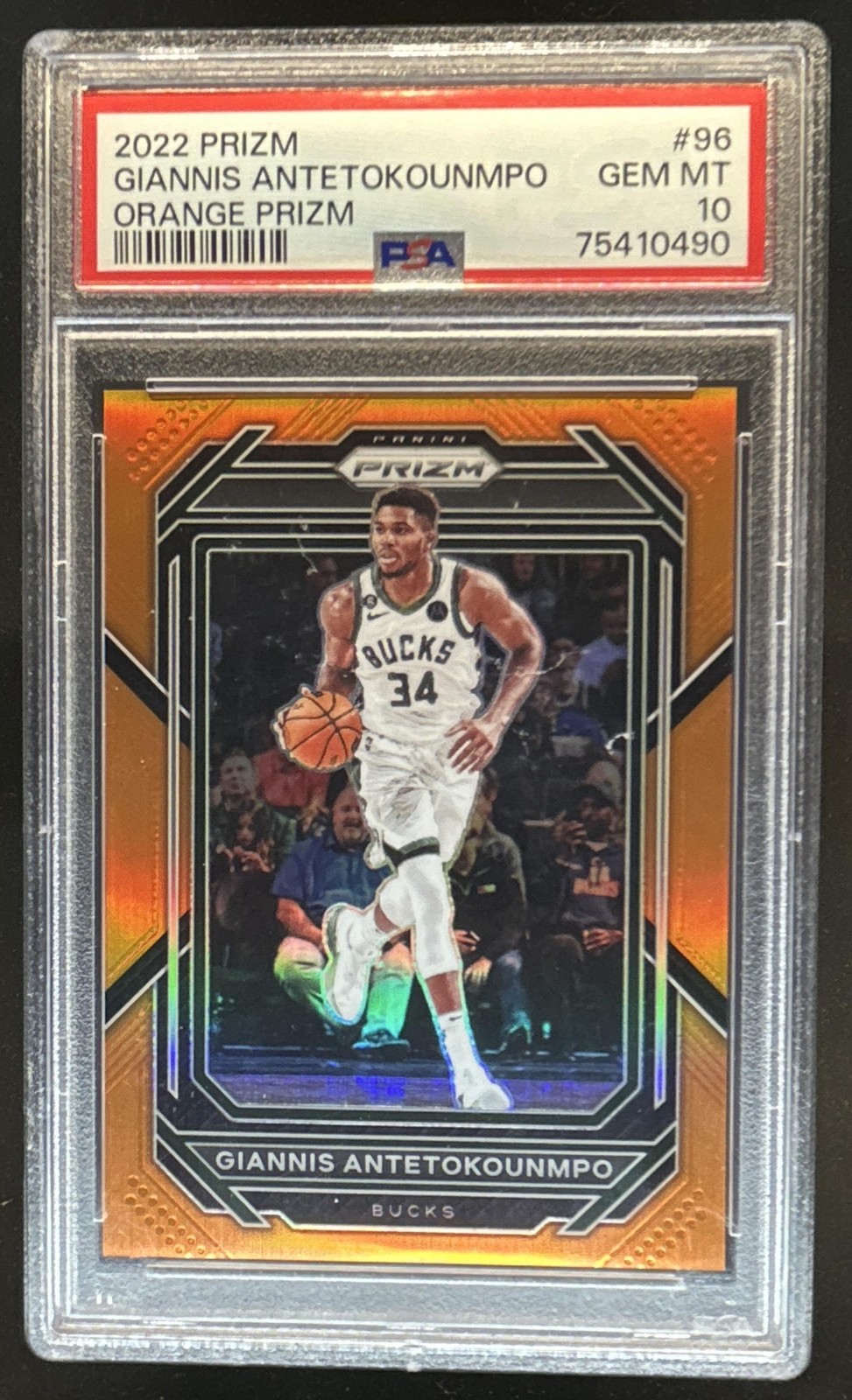2022-23 Panini Prizm Giannis Antetokounmpo Prizm Orange #/49 Bucks PSA 10