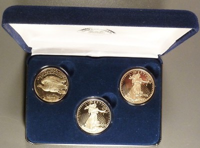 $20 Double Eagle Proof Set, 3 pc's with 2 oz's .999 Silver, 24K Gold  Overlay.