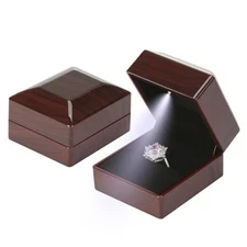 Wooden Wedding Ring Earring Gift Box with LED Light, Small Velvet Style 3