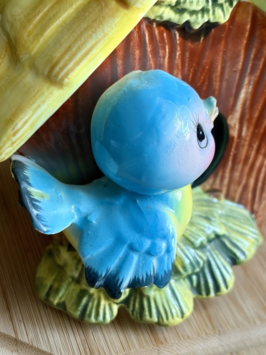 Vintage Norcrest Blue Birds Perched On Birdhouse Planter Japan