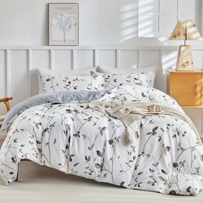  Reversible Duvet Cover Queen Size, White Queen (90×90 inch) B：white Grey Tree