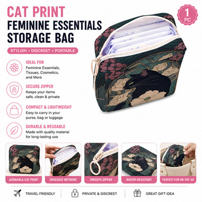 Women Cat Print Sanitary napkin Storage Bag Portable Pouch Travel Makeup Case