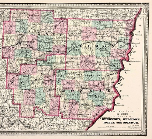 1868 OHIO County Map GUERNSEY NOBLE BELMONT MONROE Original (14X11) - Picture 2 of 4