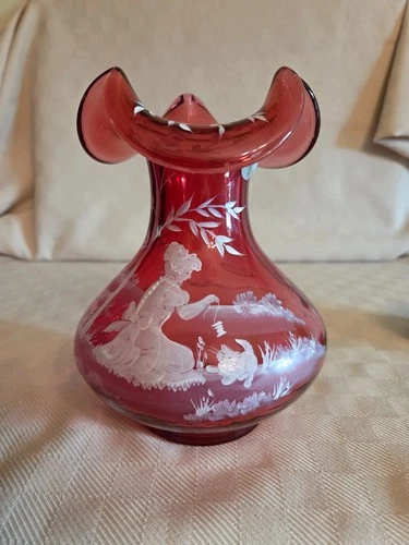 Fenton Glass Cranberry Mary Gregory 95th Anniversary Vase, Bill Fenton Signed