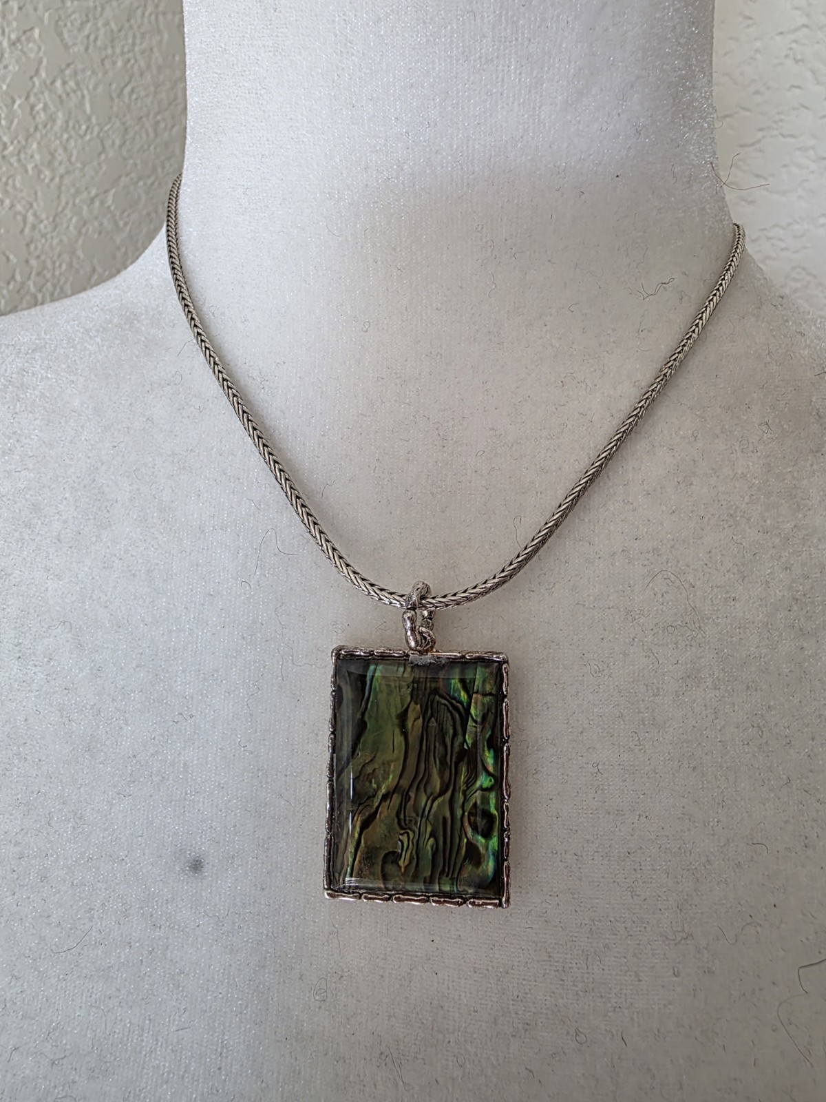 Rectangle Pendant Silver Tone Abalone Necklace Bl… - image 8