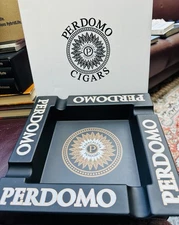 NWB Perdomo Cigar Melamine Square 9.5” Ashtray Black & Gold logo 4 Finger