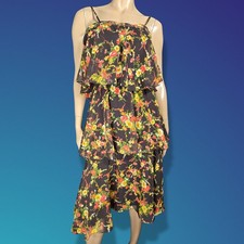 Vintage 70s Brown Floral Tiered Chiffon Dress Size S Midi Spaghetti Straps Boho