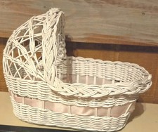 Antique White Wicker Bassinet Crib With Pink Ribbon For Baby Doll Decor Flowers