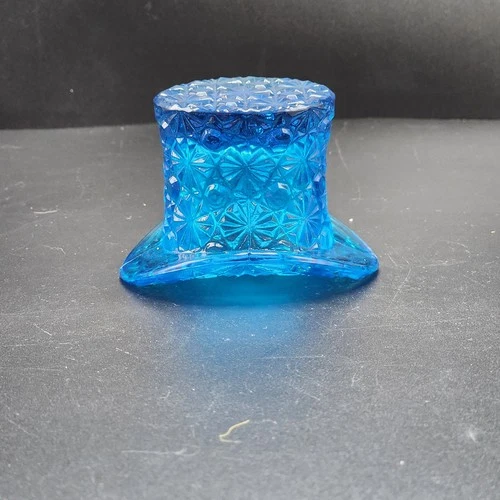 Vintage Blue Daisy and Button Glass Top Hat Toothpick Holder - Fenton Style