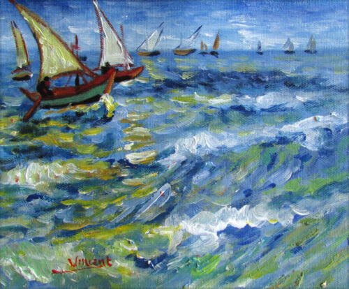 Reproducción al óleo Van Gogh Sea at Saintes-Maries, pintura al óleo de calidad pintada a mano 8x10 in - Imagen 1 de 3
