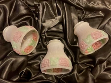 Set Of 3 Antique Satin Embossed  Reverse Painted Glass Shade Pink Roses