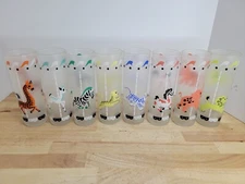 Vintage Libby Carousel Circus Animal Glasses Frosted Set of 8