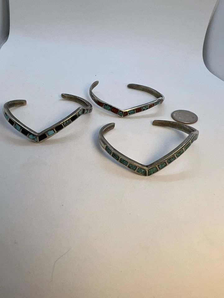 Vintage Crushed Turquoise  Inlay Silver Bracelets Coral, Onyx 34.79 Grams Silver - Image 3 of 4