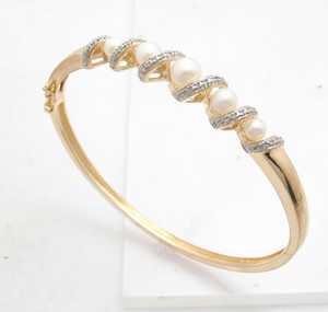 Authentic Technibond Diamond & Pearl Hinged Bangle Bracelet 14K Yellow Gold Plated Silver